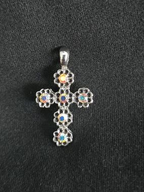!!SPARKLE!! Silver Cross Pendant with Multicolor Aurora Crystals